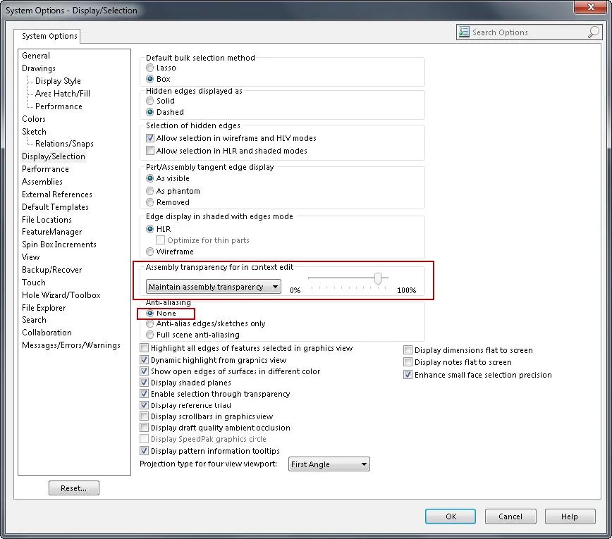 solidworks performance system options display/selection