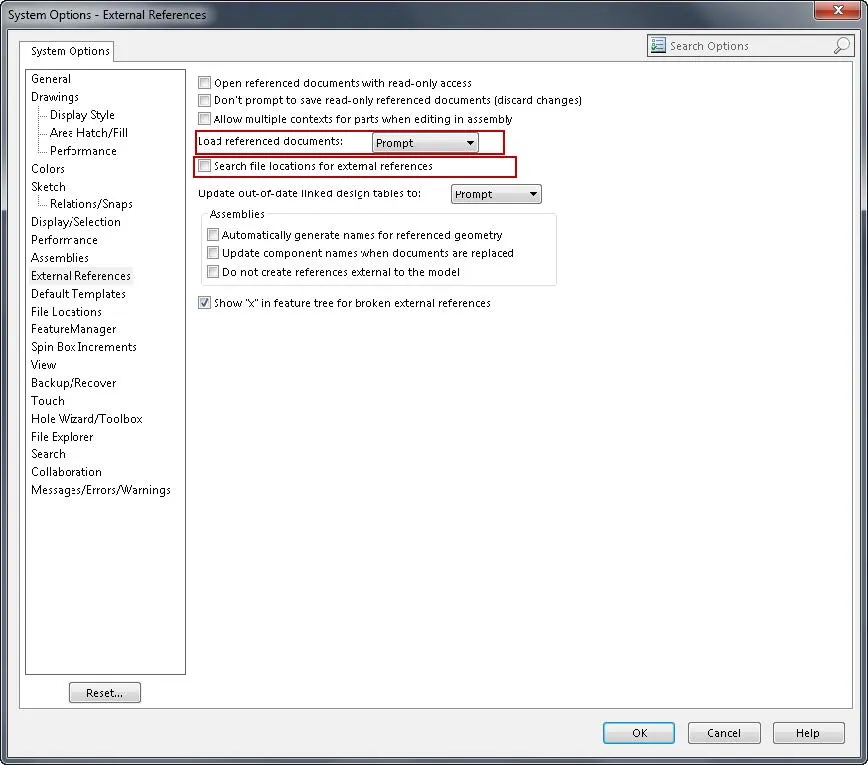 solidworks performance system options external references