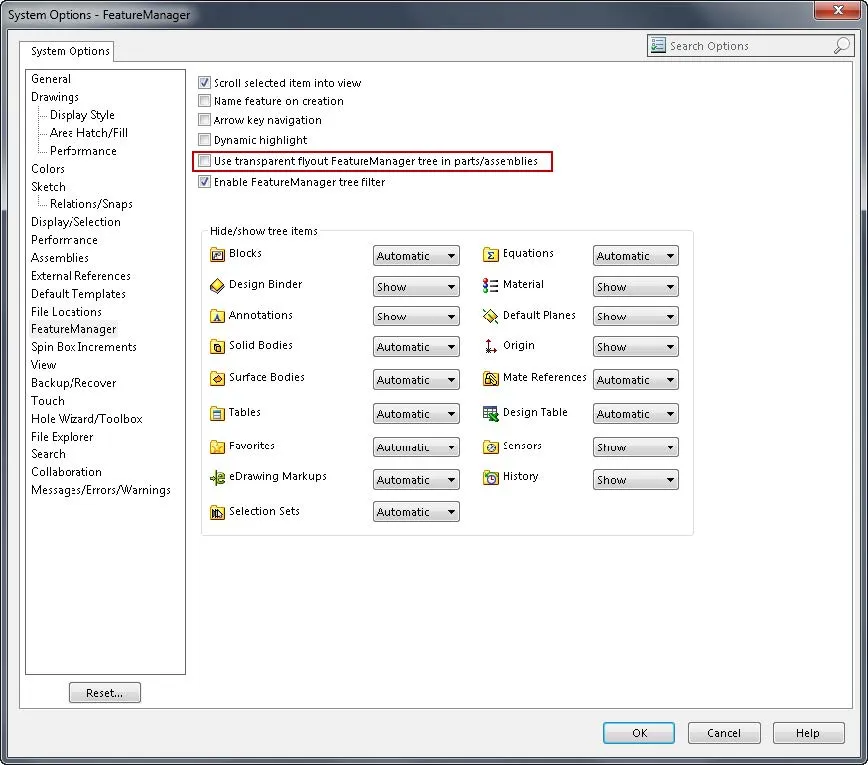 solidworks performance system options FeatureManager