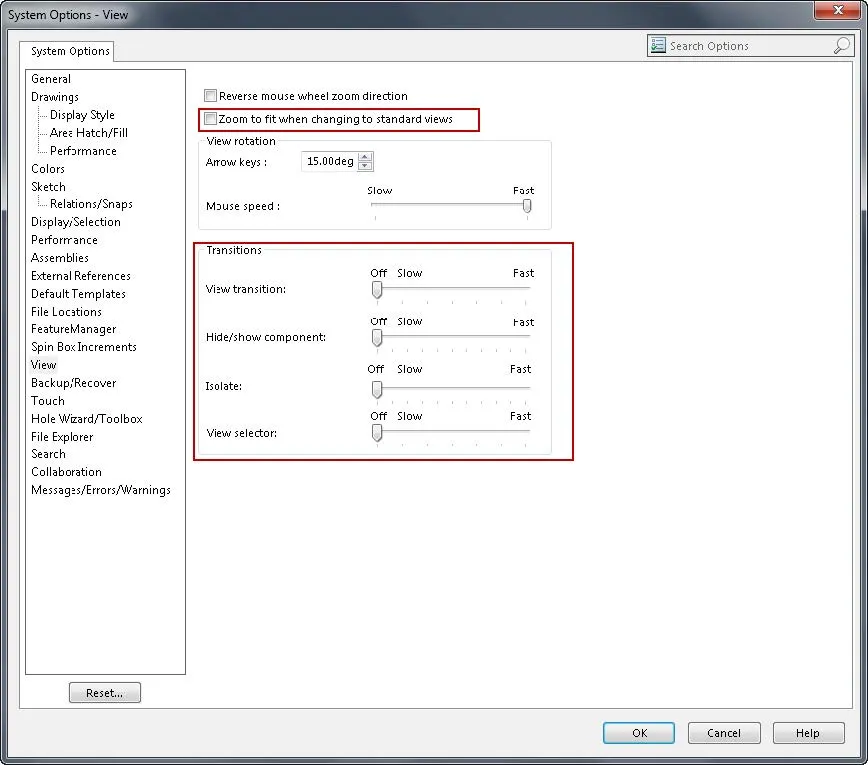 solidworks performance system options view
