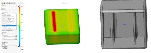 Left side: SOLIDWORKS Plastics Analysis. Right side: SOLIDWORKS 3D CAD model