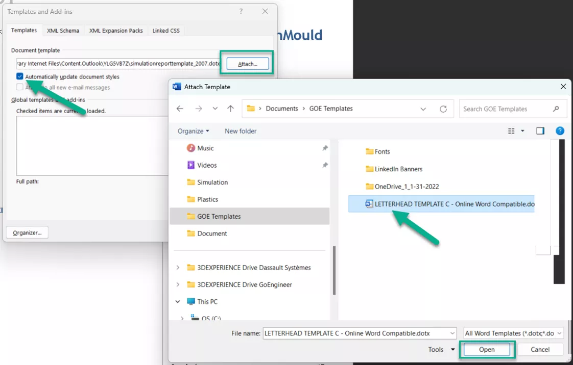 Select MS Word Template for Use in SOLIDWORKS Plastics