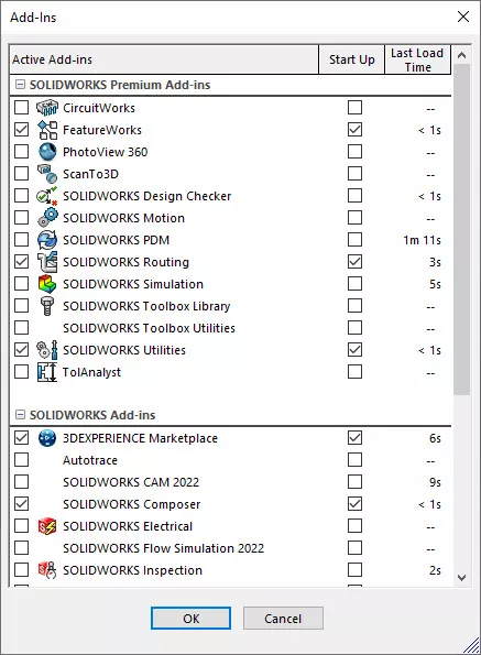 SOLIDWORKS add-in screen