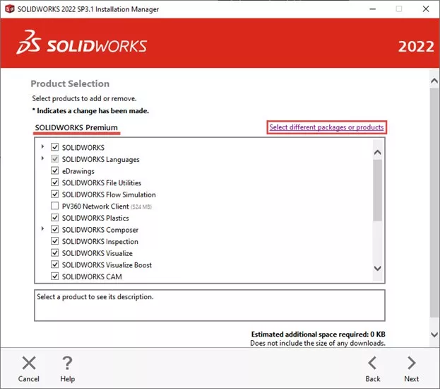 solidworks premium product selection screen