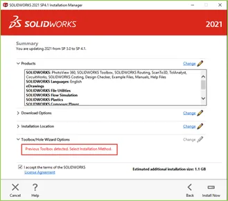 SOLIDWORKS 2021 Previous Toolbox Blocking Upgrade Error