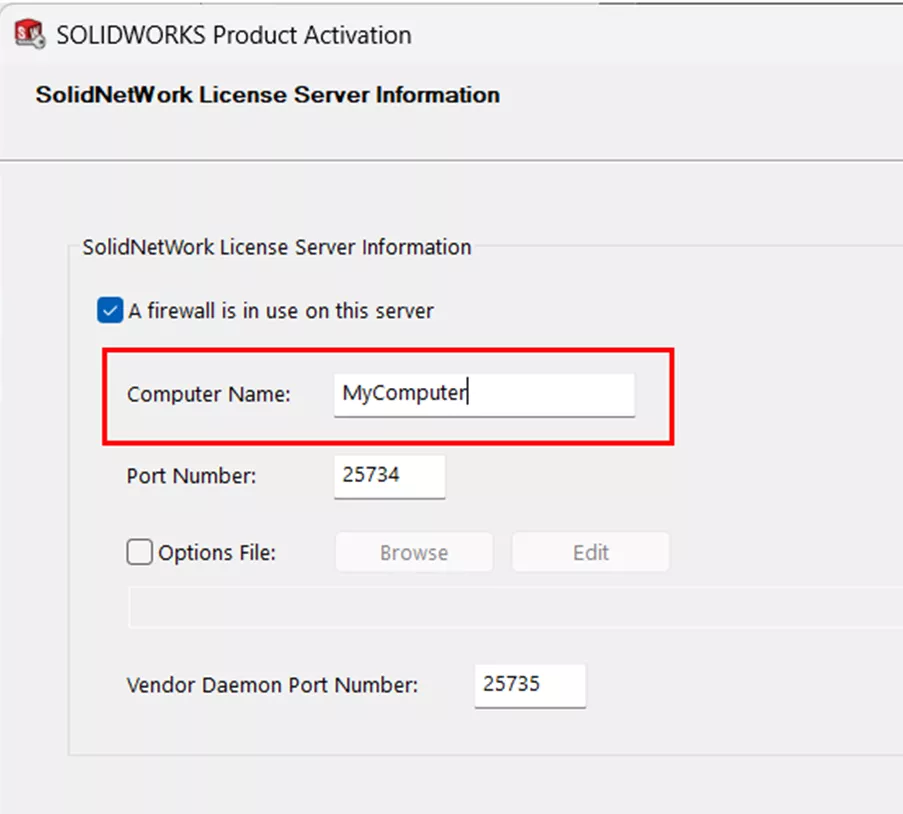 Computer Name Field in the SOLIDWORKS Product Activation Dialog Box 