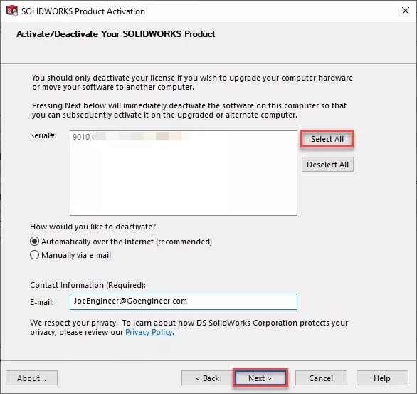 SOLIDWORKS Product Activation screen