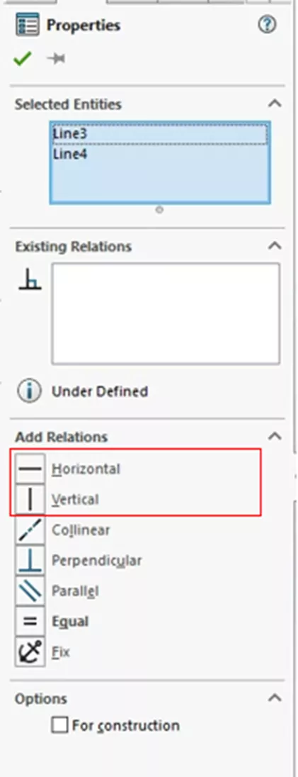 SOLIDWORKS Properties Add Relations Horizontal or Vertical