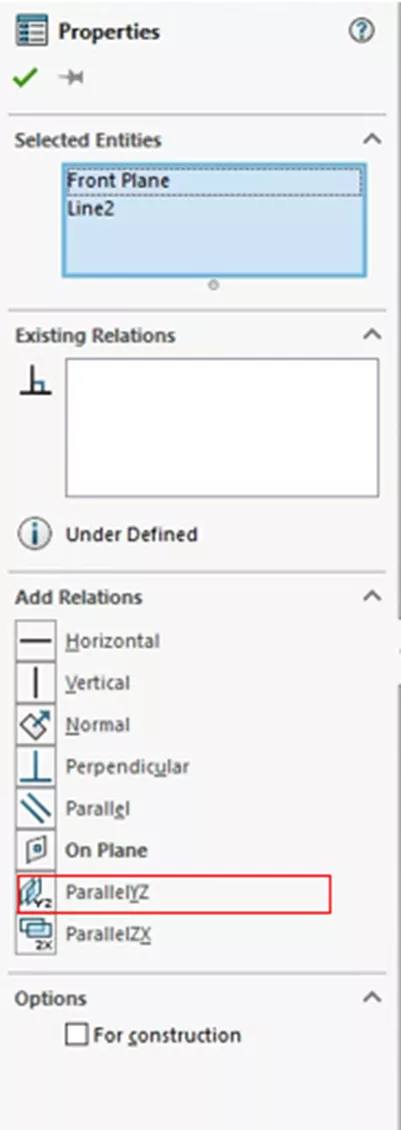 Add ParallelYZ Relation in SOLIDWORKS