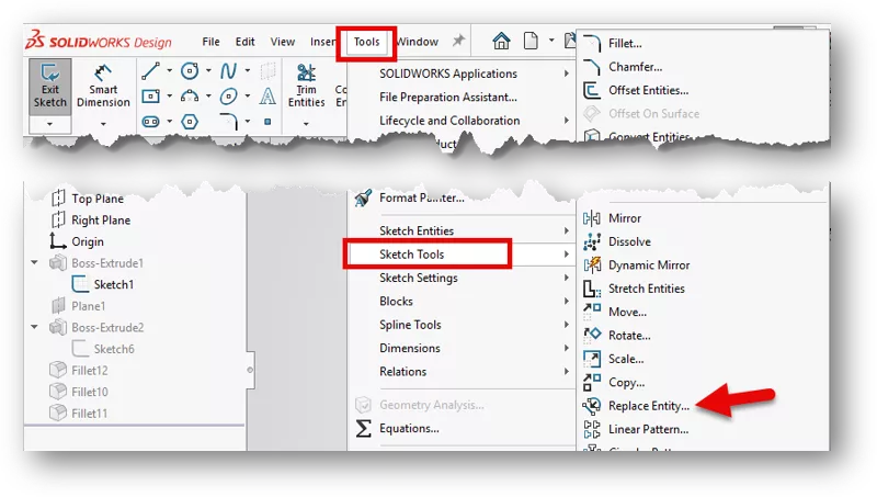 Where Is the Replace Entity Tool Located in SOLIDWORKS?