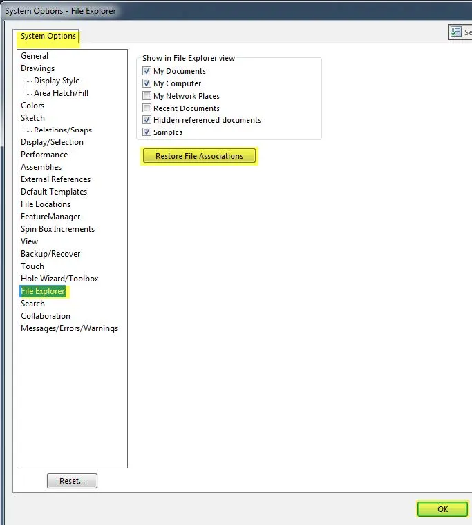 SOLIDWORKS Restore File Associations Button