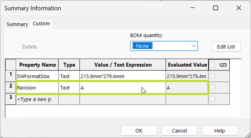 SOLIDWORKS revision drawing custom property
