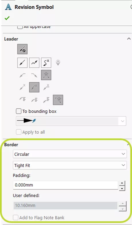 Border section of SOLIDWORKS Revision Symbol PropertyManager 