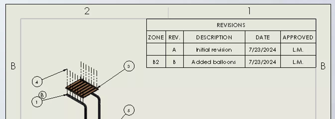 SOLIDWORKS revision table and drawing view with revision symbol