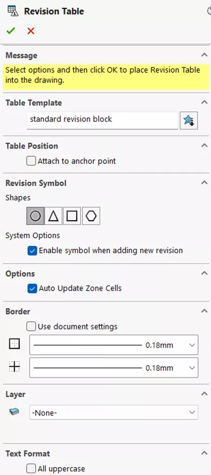 SOLIDWORKS Revision Table PropertyManager