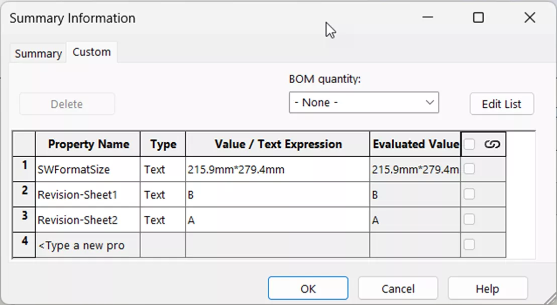 SOLIDWORKS Revision-Sheet1 and Revision-Sheet2 custom properties