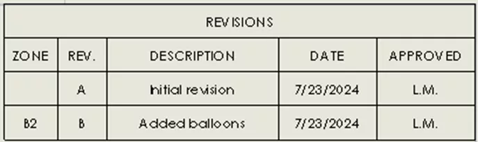 SOLIDWORKS revision table with two revisions