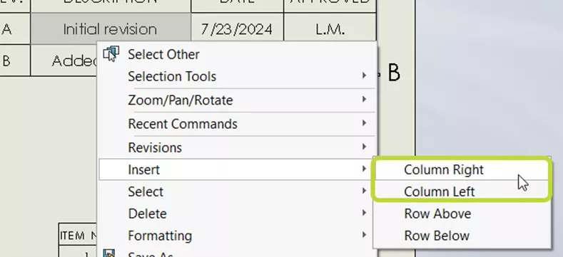 Insert Column Right and Column Left options in SOLIDWORKS