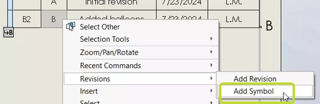 SOLIDWORKS Add Symbol option in the revision table right-click menu