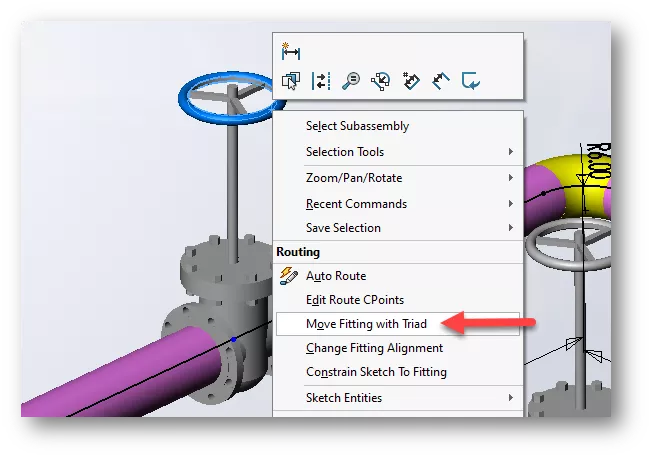 SOLIDWORKS move Fitting with Triad Option