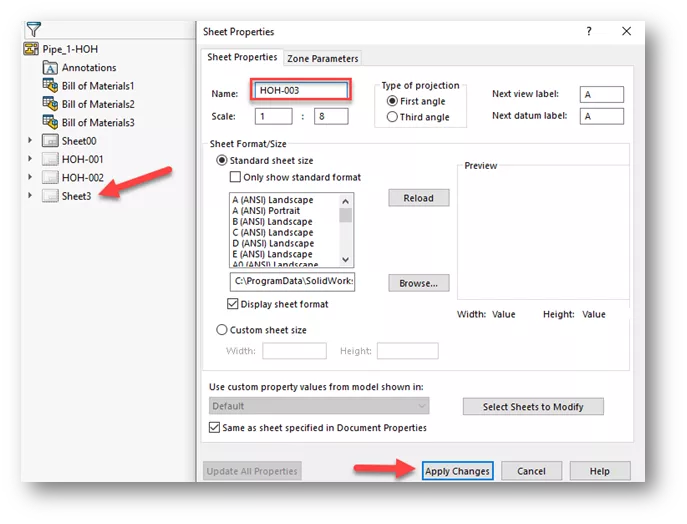 SOLIDWORKS Routing Piping Sheet Properties