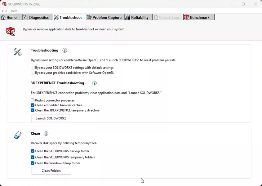 SOLIDWORKS Rx 2026 Troubleshoot Tab