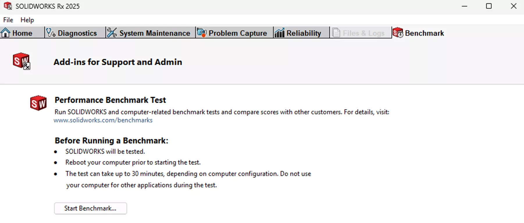 SOLIDWORKS Rx Benchmark Tab