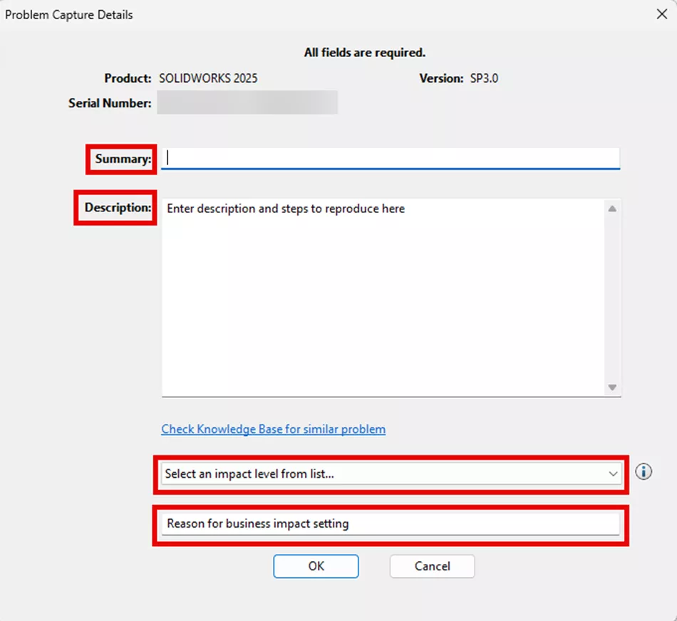 SOLIDWORKS Problem Capture Details Summary and Description Window 