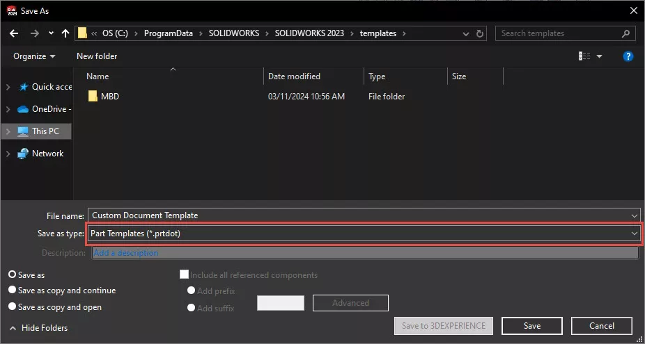 SOLIDWORKS Save As Document Template