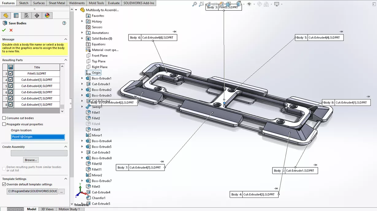 SOLIDWORKS Save Bodies FeatureManager Design Tree 