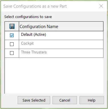 SOLIDWORKS Save Configurations as a new Part window