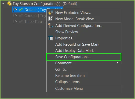 SOLIDWORKS Save Configurations Option