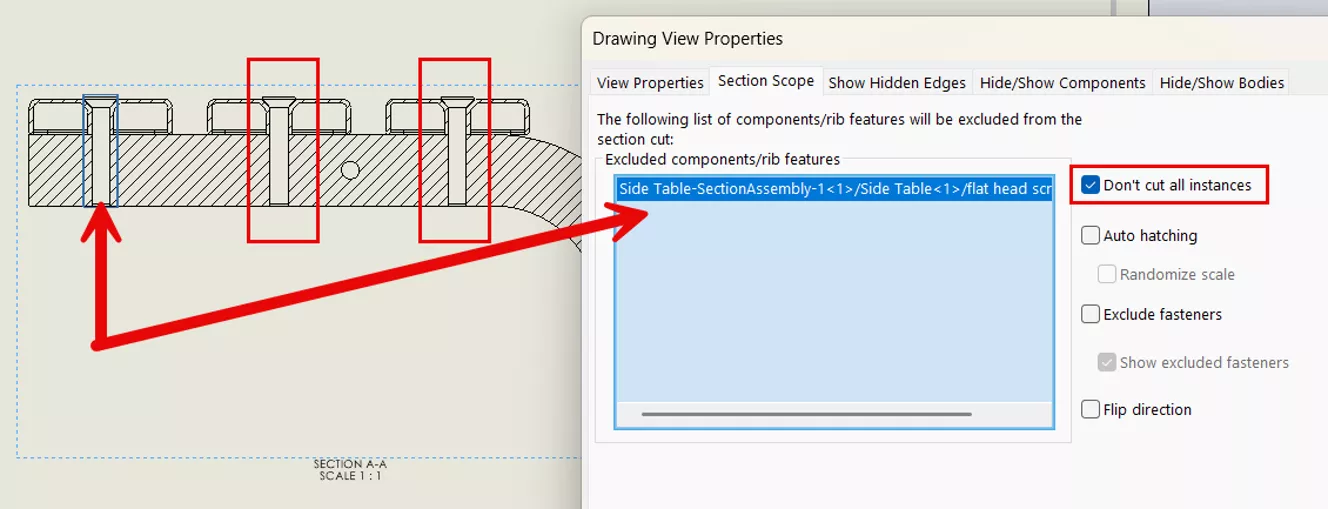 SOLIDWORKS Section Scope Don't Cut All Instances Option