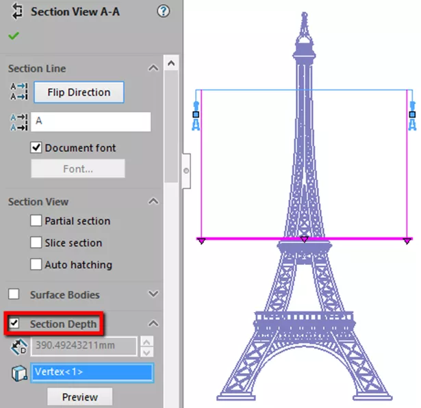 SOLIDWORKS Section View Section Depth Option 