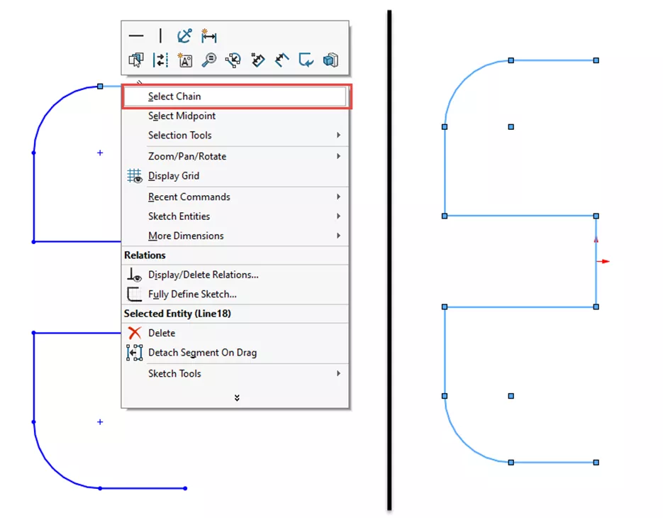Select Chain Contextual Selection Tools in SOLIDWORKS 