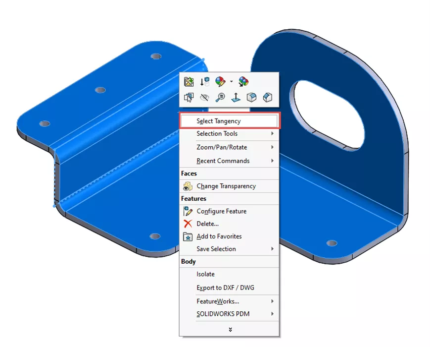 Select Tangency Contextual Selection Tools in SOLIDWORKS 