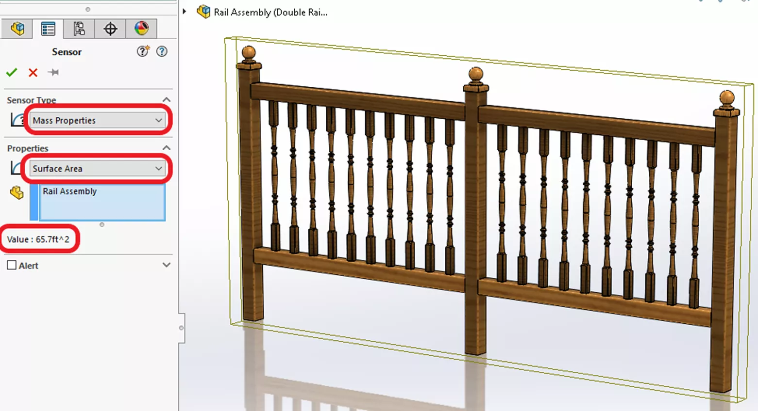 SOLIDWORKS Mass Properties Sensor Rail Assembly