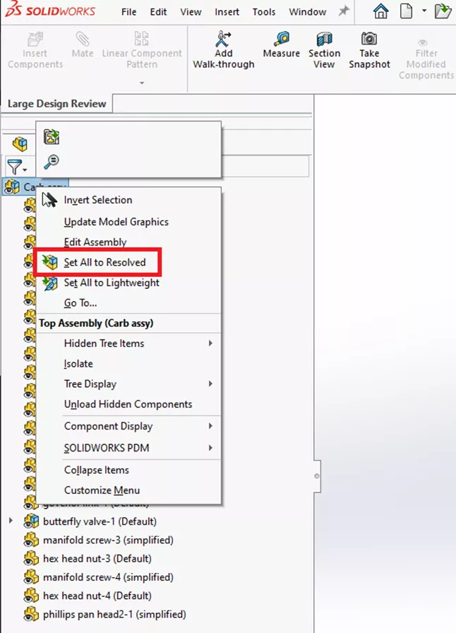 Set All to Resolved Option in SOLIDWORKS