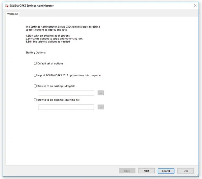 solidworks settings admin welcome screen