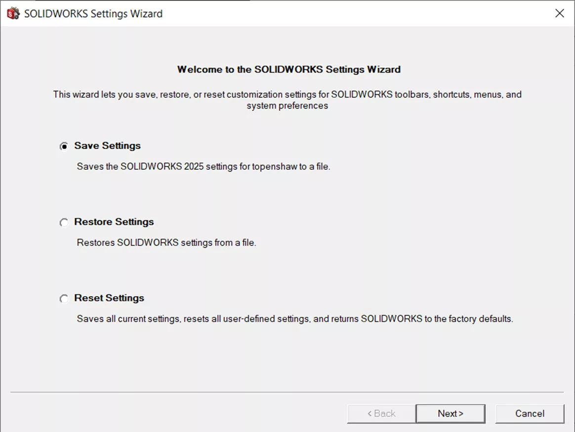 SOLIDWORKS Settings Wizard Options