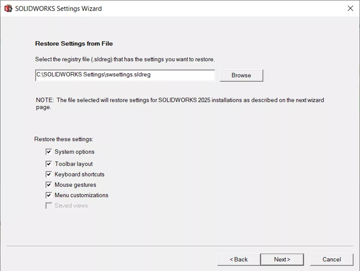 Restore Settings Options in SOLIDWORKS Settings Wizard
