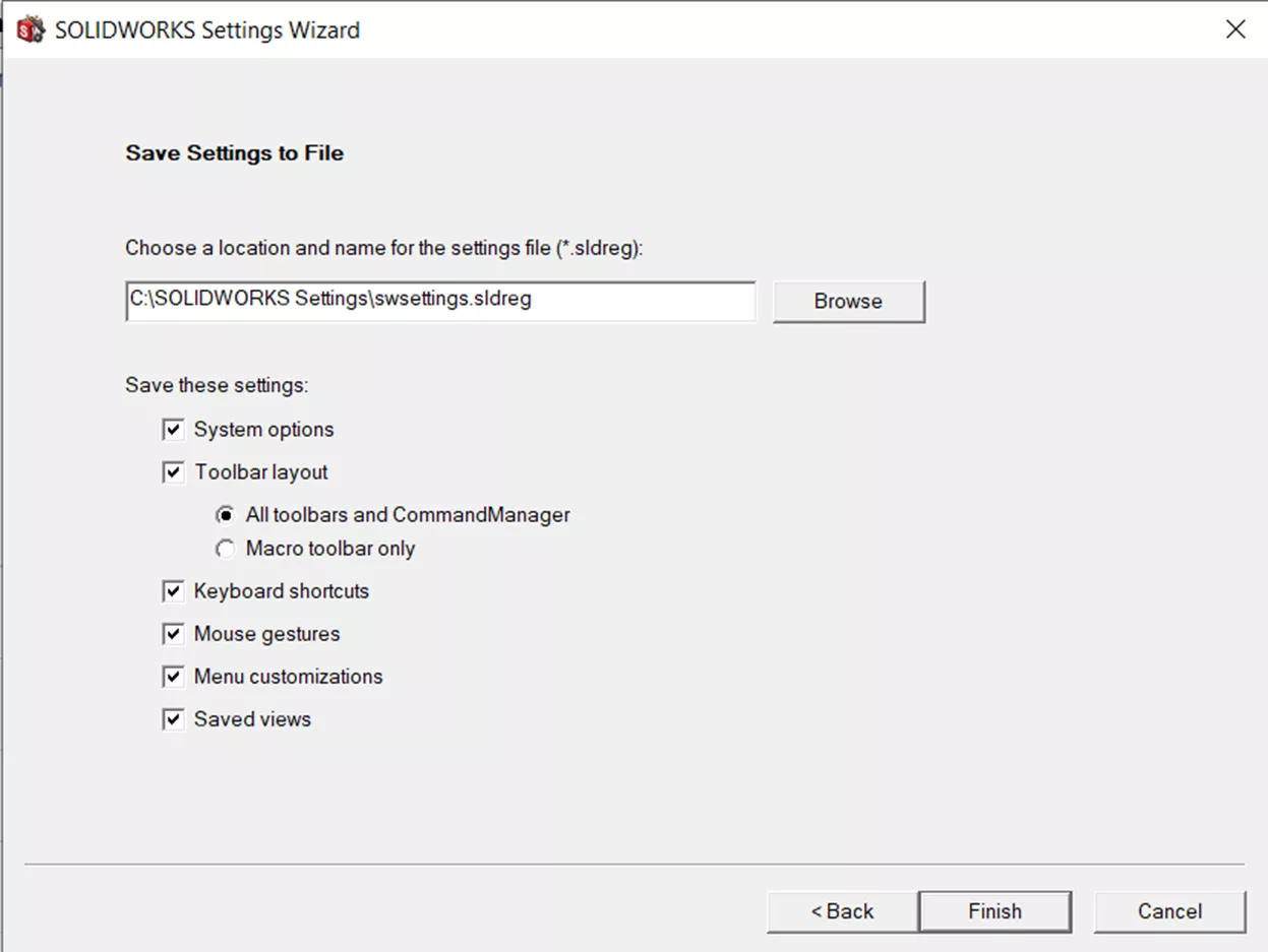 SOLIDWORKS Settings Wizard Save Settings