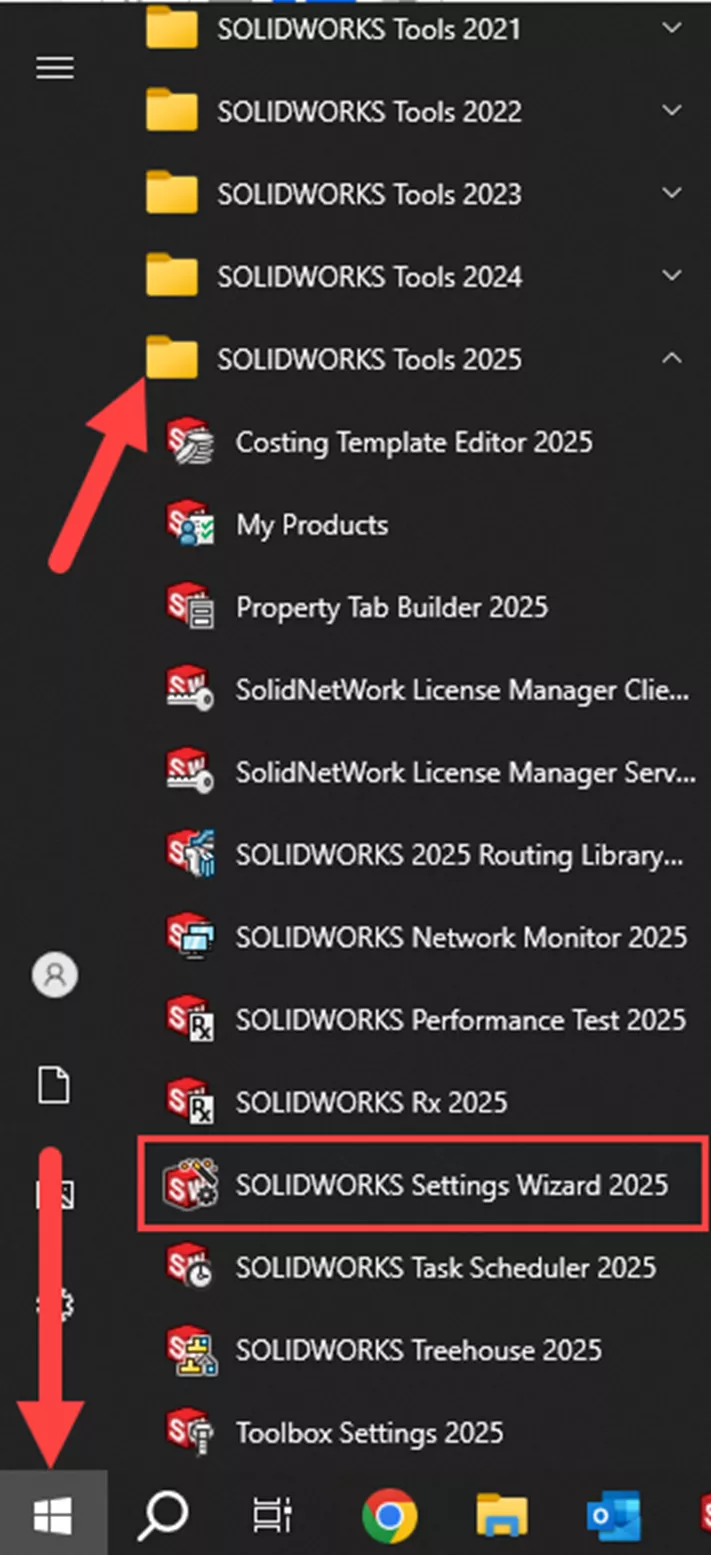 Access the SOLIDWORKS Settings Wizard from the Windows Start Menu