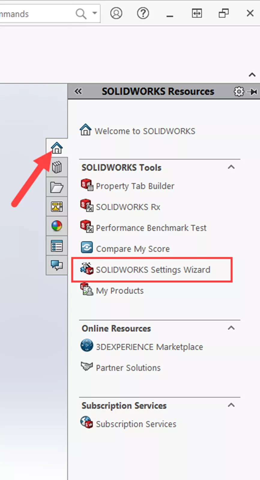 Access SOLIDWORKS Settings Wizard Using the Task Pane