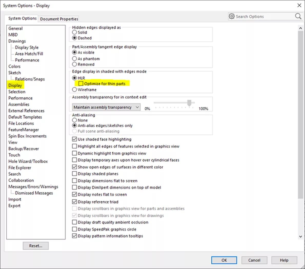 SOLIDWORKS Shaded With Edges Troubleshooting Display Settings