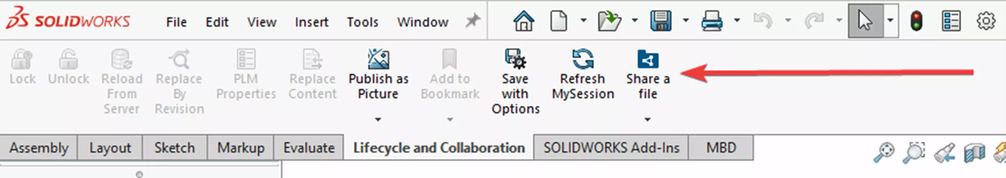 Share a File Option in the SOLIDWORKS Lifecycle and Collaboration Toolbar