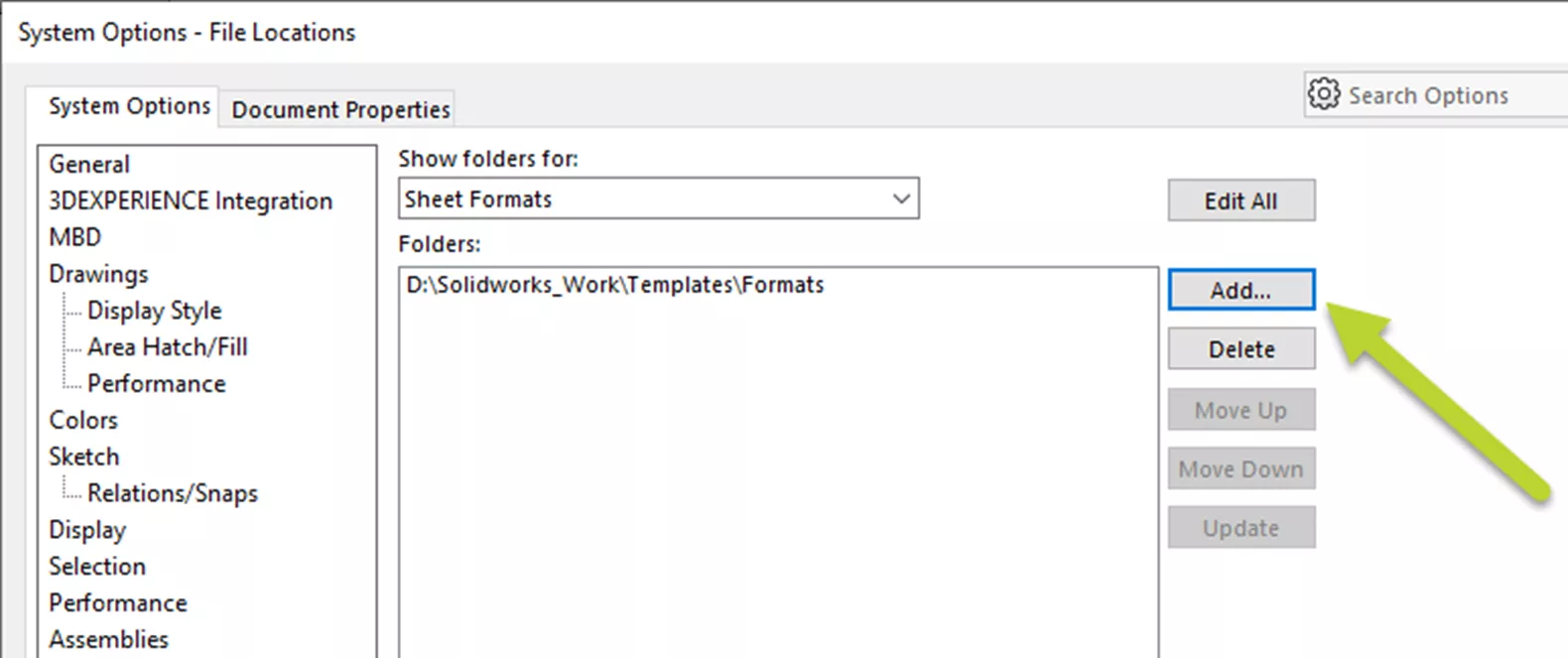 SOLIDWORKS Sheet Format Location System Options