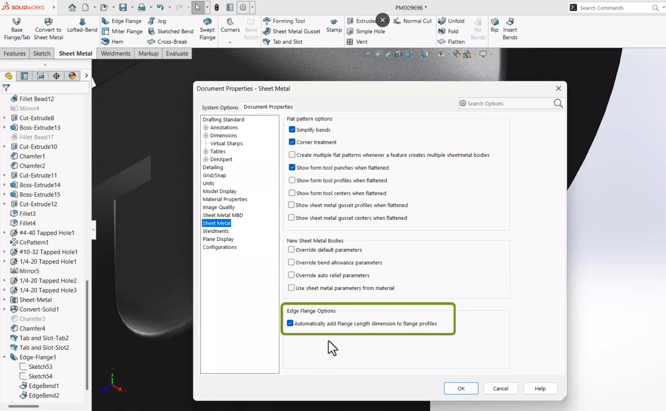 Automatically add Flange Length Dimension to Flange Profiles Checkbox in SOLIDWORKS Sheet Metal Document Properties