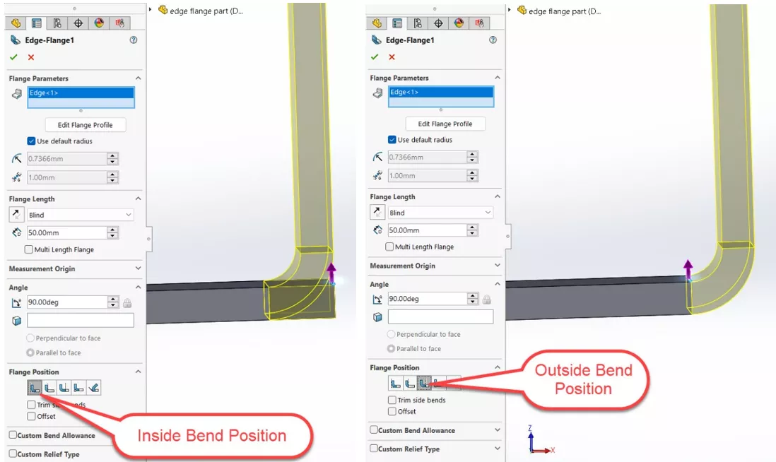 SOLIDWORKS Sheet Metal Inside and Outside Bend Positions