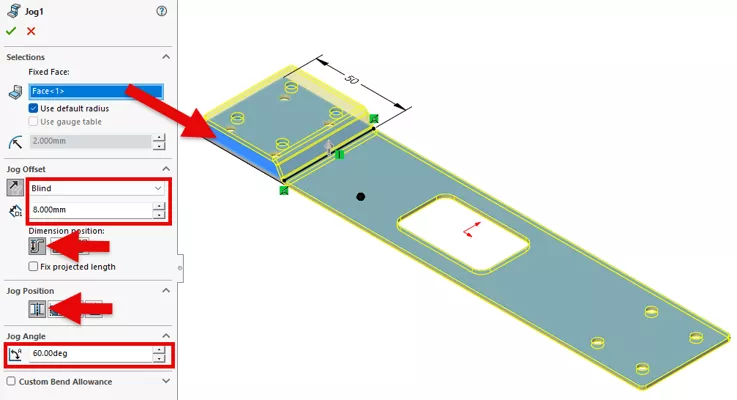 SOLIDWORKS Sheet Metal Jog Feature Options: Angle, Offset, Position